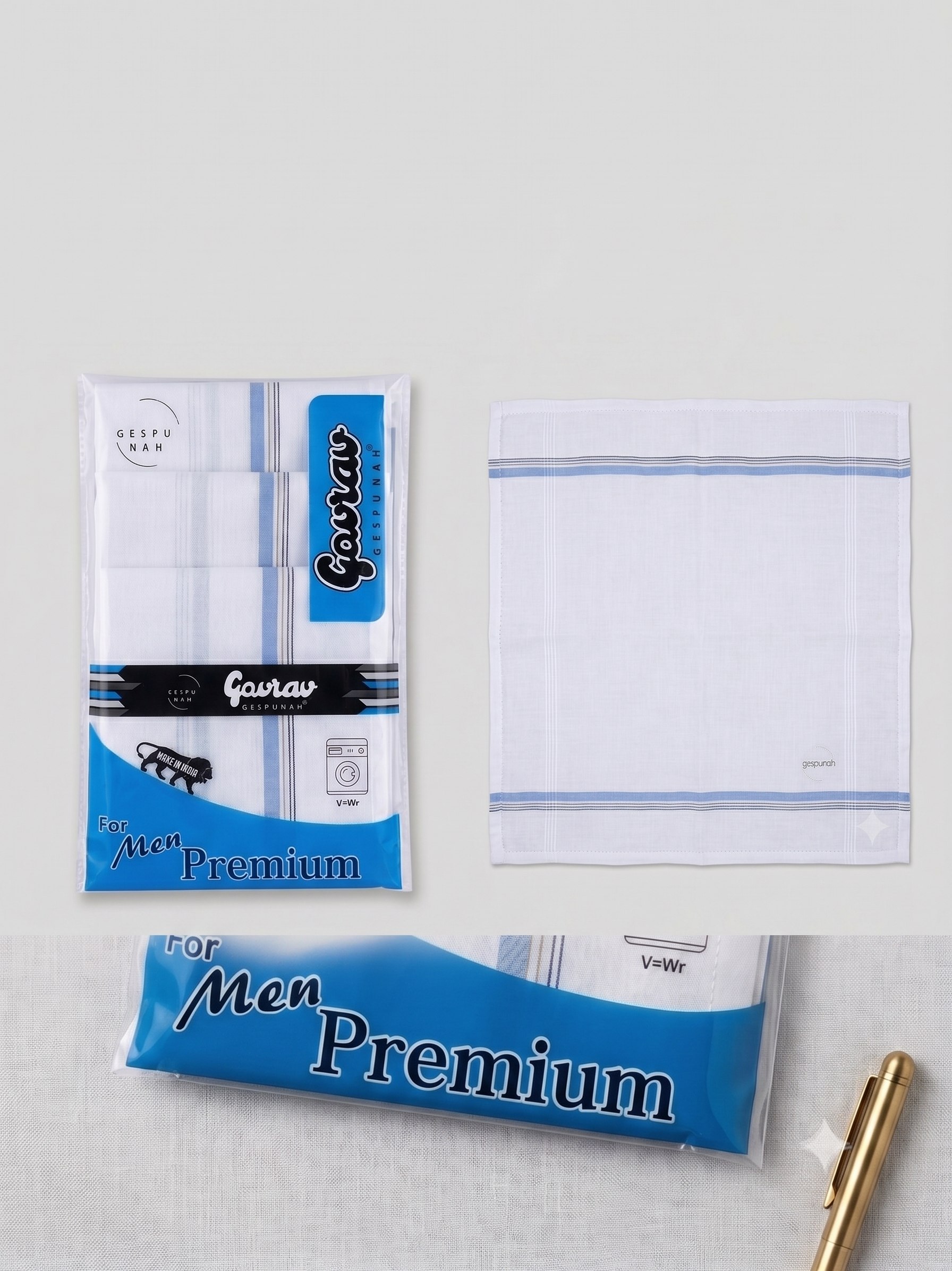 Gourav premium handkerchief pack with blue border